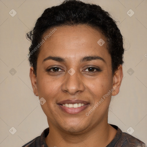 Joyful latino young-adult female with short  brown hair and brown eyes