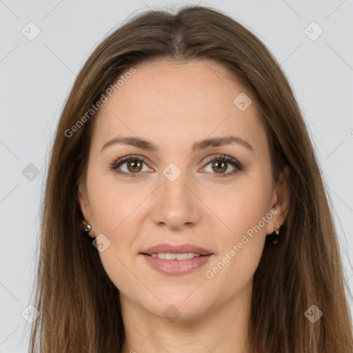 Joyful white young-adult female with long  brown hair and brown eyes