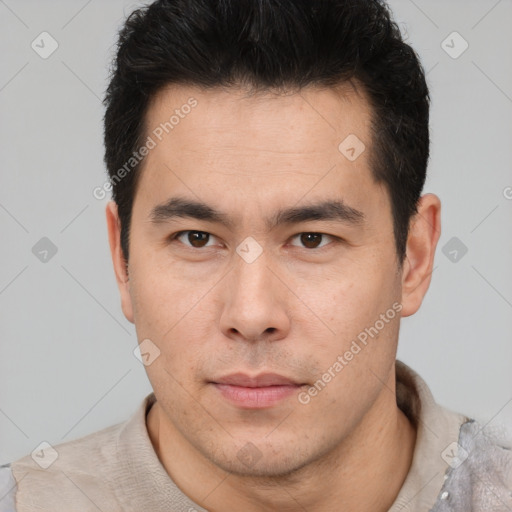 Neutral asian young-adult male with short  black hair and brown eyes