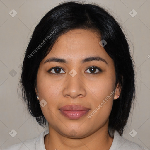 Joyful latino young-adult female with medium  black hair and brown eyes