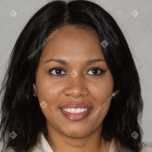 Joyful black young-adult female with medium  brown hair and brown eyes