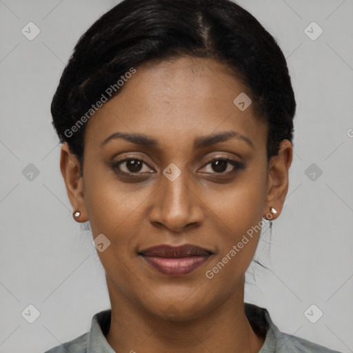 Joyful latino young-adult female with short  black hair and brown eyes