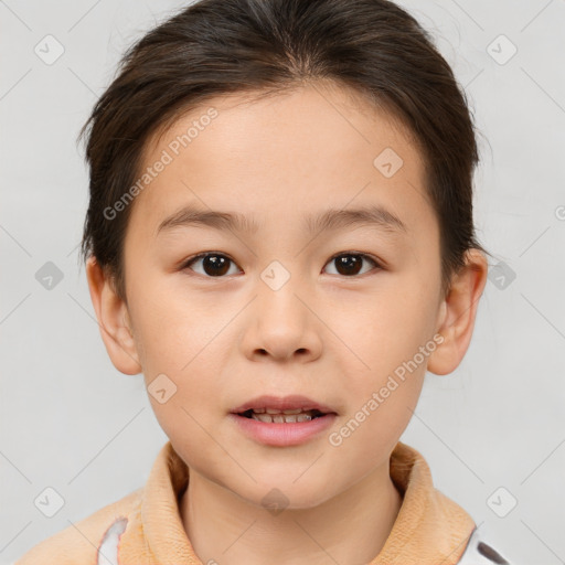 Joyful white child female with short  brown hair and brown eyes