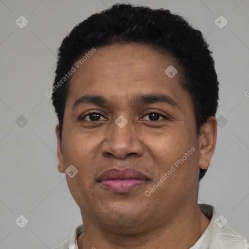 Joyful latino adult male with short  brown hair and brown eyes