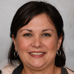 Joyful white adult female with medium  brown hair and brown eyes