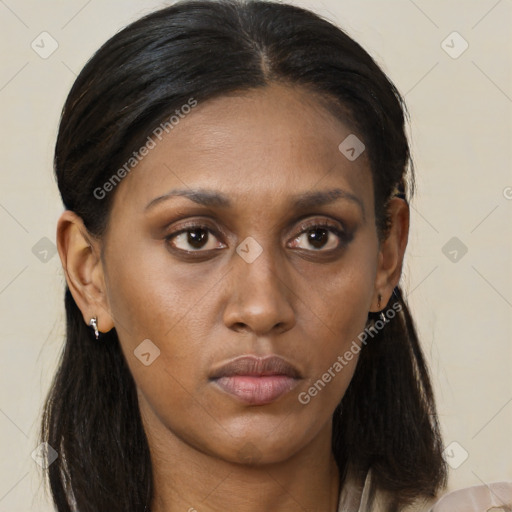 Neutral latino young-adult female with medium  brown hair and brown eyes