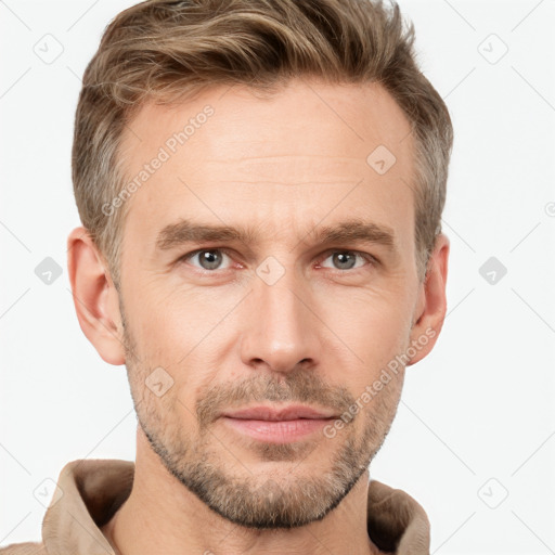 Neutral white young-adult male with short  brown hair and grey eyes