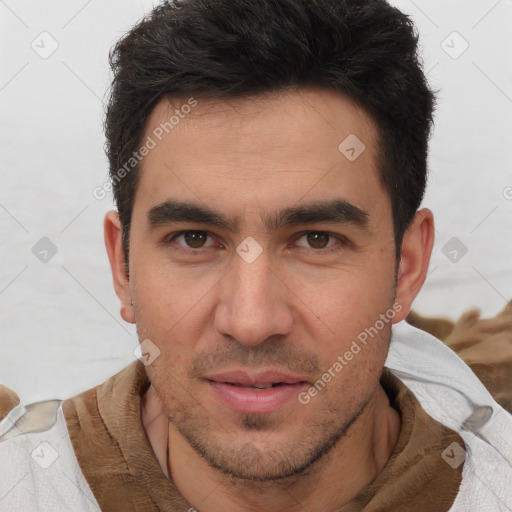 Joyful white young-adult male with short  brown hair and brown eyes