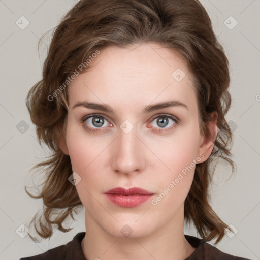 Neutral white young-adult female with medium  brown hair and grey eyes