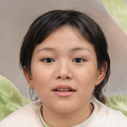 Joyful asian child female with medium  brown hair and brown eyes