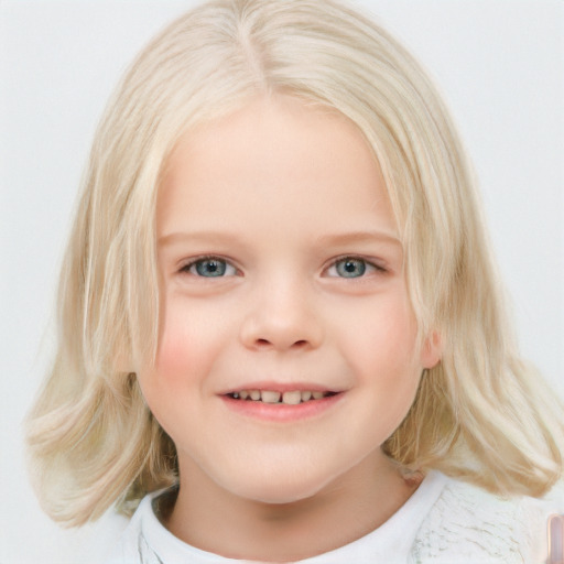 Joyful white child female with medium  blond hair and blue eyes