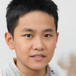 Joyful asian child male with short  brown hair and brown eyes