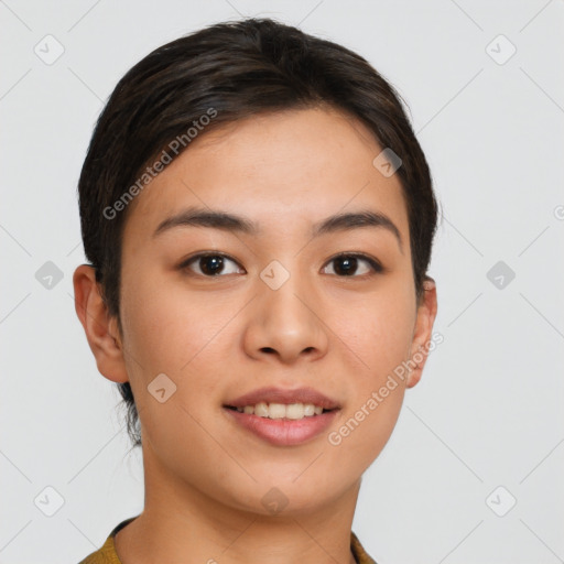 Joyful white young-adult female with short  brown hair and brown eyes