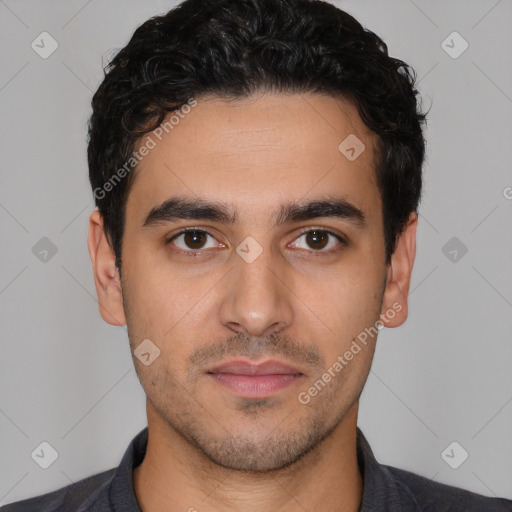 Neutral latino young-adult male with short  black hair and brown eyes