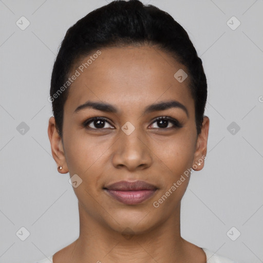 Joyful latino young-adult female with short  black hair and brown eyes