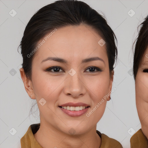 Joyful asian young-adult female with medium  brown hair and brown eyes