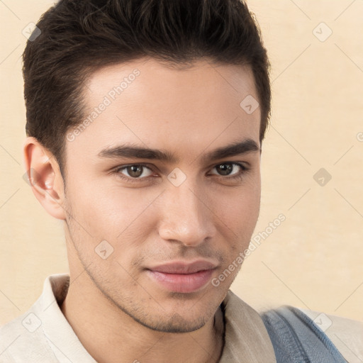 Neutral white young-adult male with short  brown hair and brown eyes