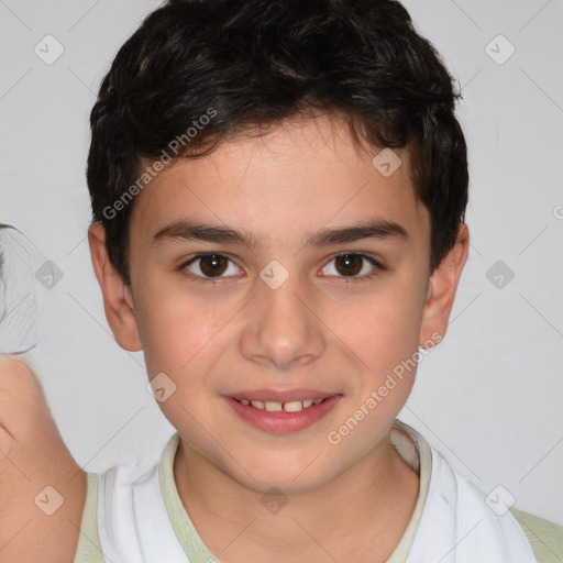 Joyful white child male with short  brown hair and brown eyes