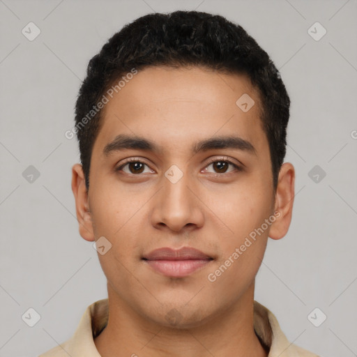 Neutral latino young-adult male with short  black hair and brown eyes