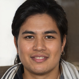 Joyful white young-adult male with medium  brown hair and brown eyes