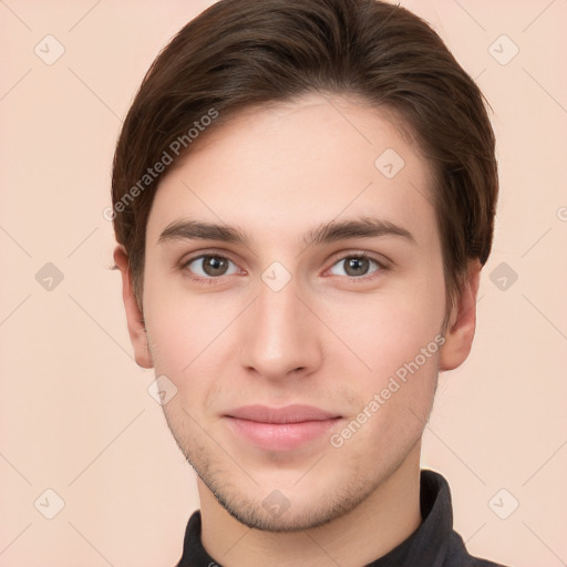 Neutral white young-adult male with short  brown hair and brown eyes