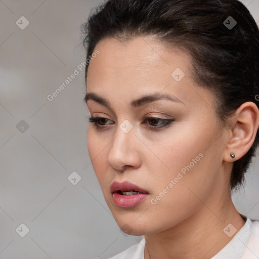 Neutral white young-adult female with short  brown hair and brown eyes