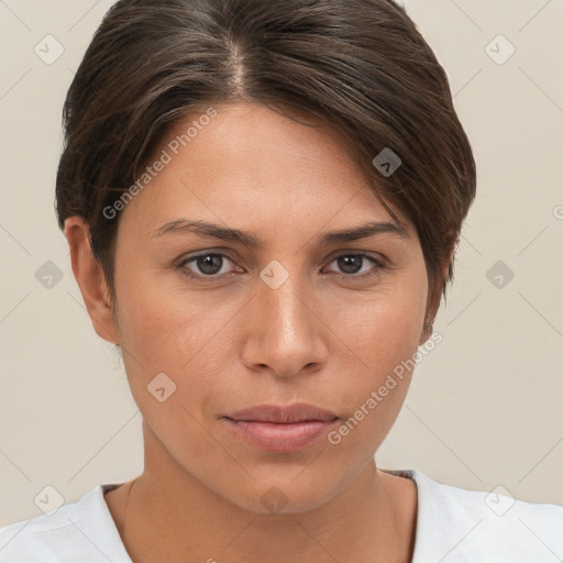 Neutral white young-adult female with short  brown hair and brown eyes