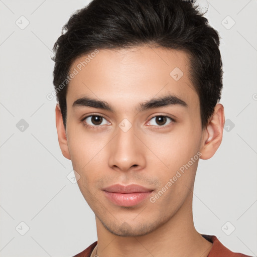 Neutral white young-adult male with short  brown hair and brown eyes