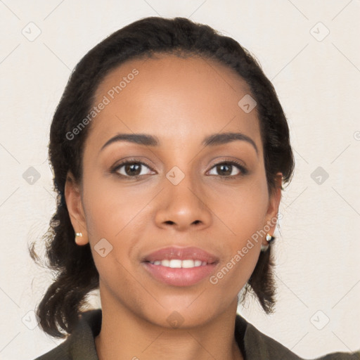 Joyful latino young-adult female with medium  brown hair and brown eyes