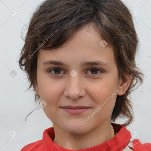 Joyful white child female with medium  brown hair and brown eyes