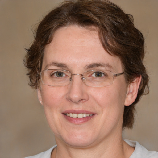 Joyful white adult female with medium  brown hair and blue eyes