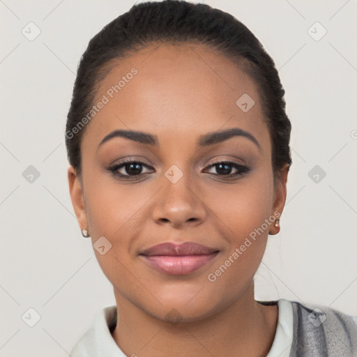 Joyful latino young-adult female with short  brown hair and brown eyes