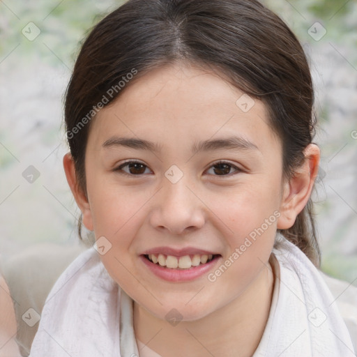 Joyful white child female with medium  brown hair and brown eyes