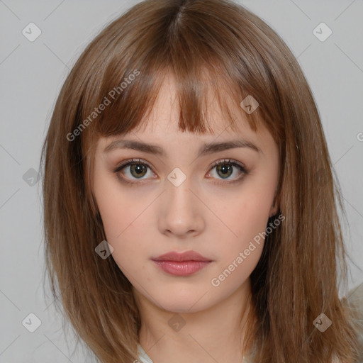 Neutral white young-adult female with medium  brown hair and brown eyes