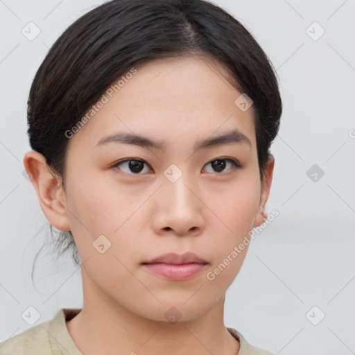 Neutral asian young-adult female with short  black hair and brown eyes