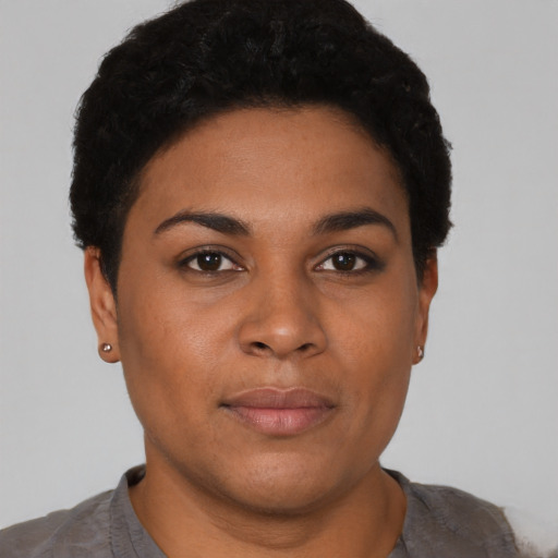 Neutral latino young-adult female with short  black hair and brown eyes