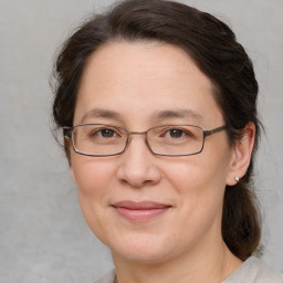 Joyful white adult female with medium  brown hair and brown eyes