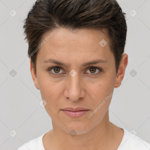 Joyful white young-adult female with short  brown hair and brown eyes