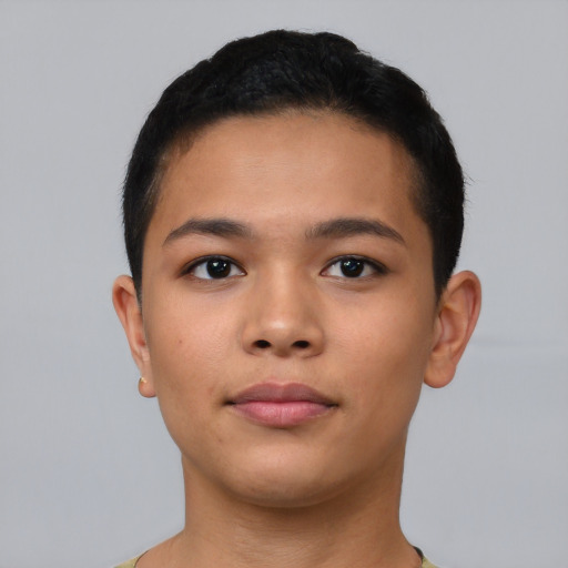 Neutral asian young-adult female with short  brown hair and brown eyes