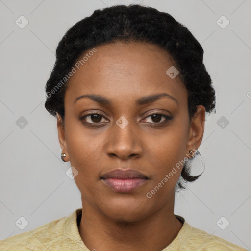 Neutral black young-adult female with short  black hair and brown eyes