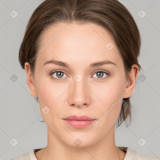 Neutral white young-adult female with medium  brown hair and grey eyes