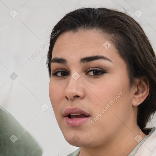 Neutral white young-adult female with medium  brown hair and brown eyes