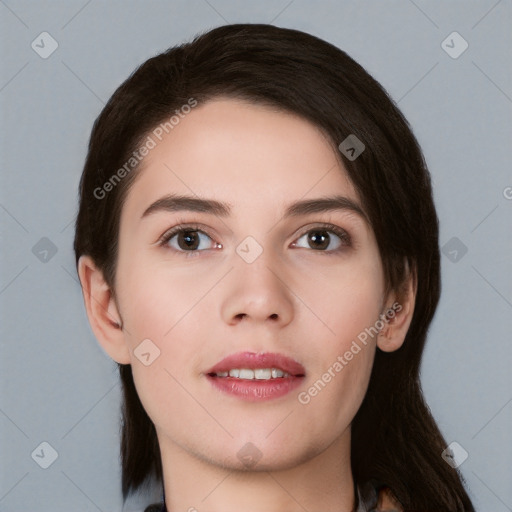 Neutral white young-adult female with medium  brown hair and brown eyes