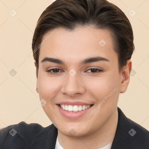 Joyful white young-adult female with short  brown hair and brown eyes