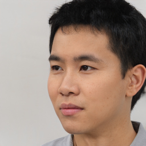 Neutral asian young-adult male with short  black hair and brown eyes