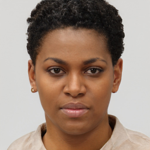 Neutral black young-adult female with short  brown hair and brown eyes