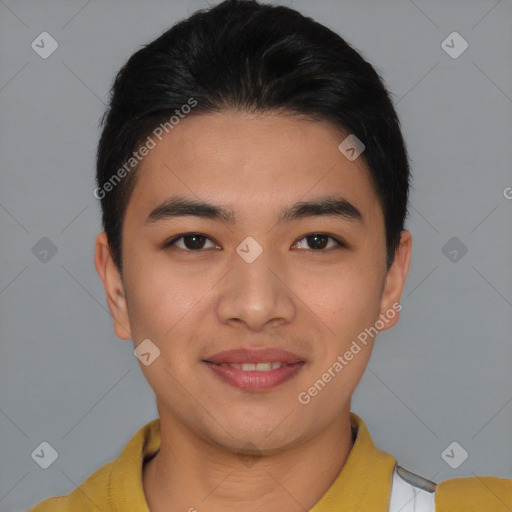 Joyful asian young-adult male with short  brown hair and brown eyes