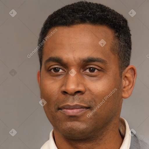 Neutral latino adult male with short  black hair and brown eyes