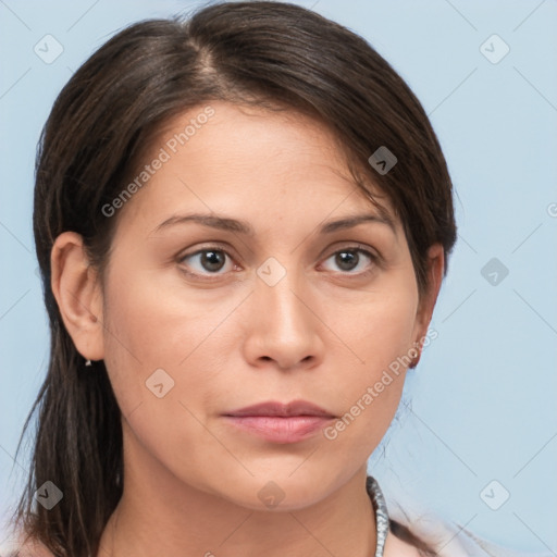 Neutral white young-adult female with medium  brown hair and brown eyes