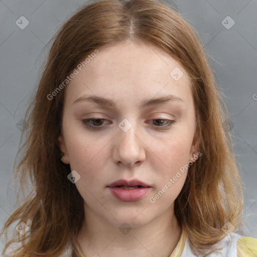 Neutral white young-adult female with medium  brown hair and brown eyes